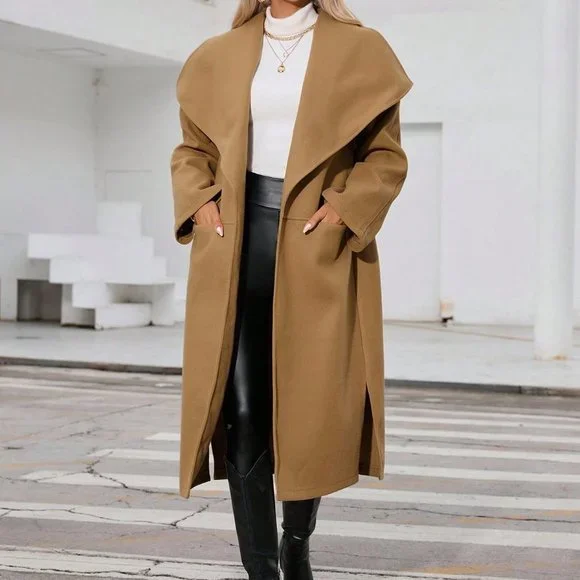 Khaki Preppy Womens Waterfall Collar Slant Pocket Overcoat - Picture 4 of 5